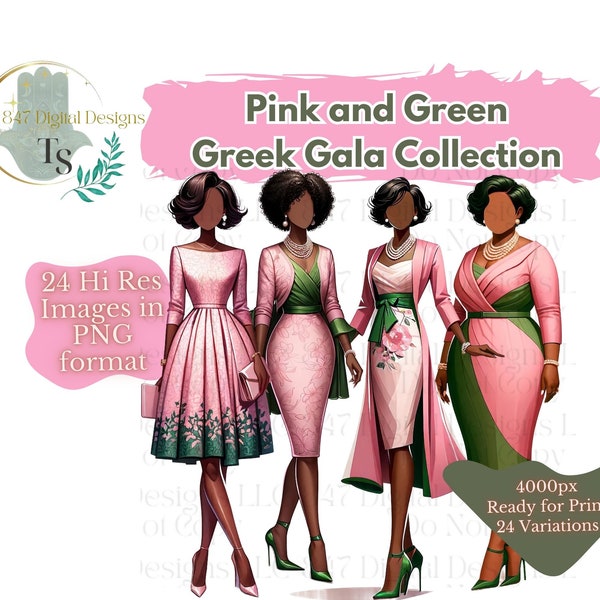 24 PNG Ladies Wearing Pink and Green Attire | Faceless Black Girl Bundle | Sorority Women PNG | Black Women Clipart | Faceless Women Clipart