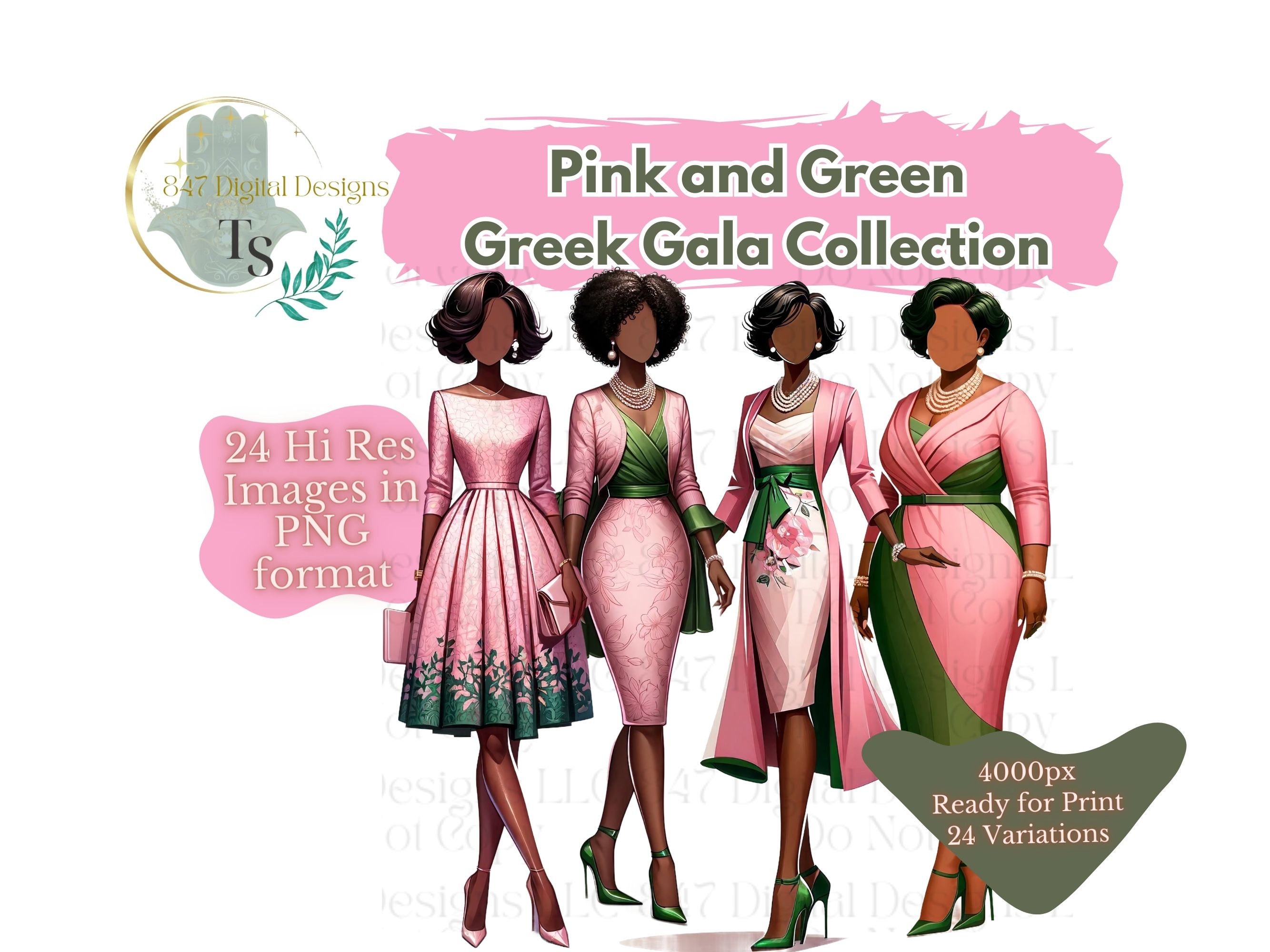 24 PNG Ladies Wearing Pink and Green Attire | Faceless Black Girl Bundle | Sorority Women PNG | Black Women Clipart | Faceless Women Clipart