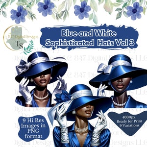 9 PNG Women Wearing Blue and White Hats | Black Girl Clipart Bundle | Sorority Women PNG | Black Women Clipart | Black Wall Art | Digital