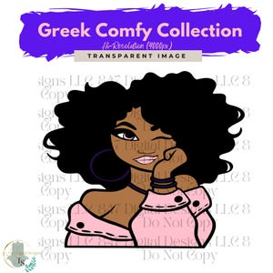 Può includere: Un'illustrazione digitale di una donna con la pelle marrone scuro, i capelli neri e una camicia rosa. Lei sta strizzando l'occhio e ha la mano sul mento. Lo sfondo è bianco.