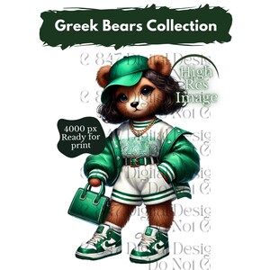 Op de afbeelding: Een groene en witte teddybeer die een groene jas, een witte broek, een groene pet en groene sneakers draagt. De beer houdt een groene handtas vast. De afbeelding heeft de tekst "Greek Bears Collection" bovenaan.