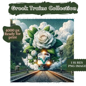 Op de afbeelding: Een witte trein met groene accenten komt tevoorschijn uit een rookwolk en een bed van witte rozen met groene bladeren. De trein bevindt zich op een spoor met een groen bos op de achtergrond. De tekst "Greek Trains Collection" staat bovenaan de afbeelding.