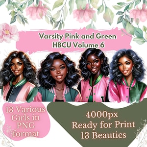 13 PNG Chibi Dolls Wearing Pink & Green Varsity Jackets Vol 6 | HBCU PNG | Black Girl Clipart Bundle | College Girl Clipart | Student Clipar