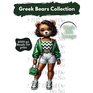 Op de afbeelding: Een bruine teddybeer die een groen-wit gestreept topje, een groen jack, een witte broek en groene sneakers draagt. De beer houdt een groene handtas vast. De tekst in de afbeelding is "Greek Bears Collection".