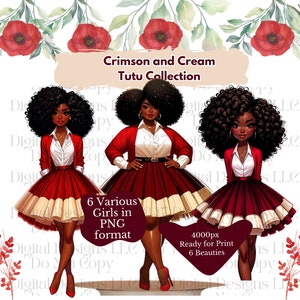 6 PNG Frauen Tragen Crimson und Creme Tutus | Schwarzes Mädchen Clipart Bundle | Schwesternschaft Frauen | Schwarze Frauen Clipart | Schwarze Wandkunst | Digital