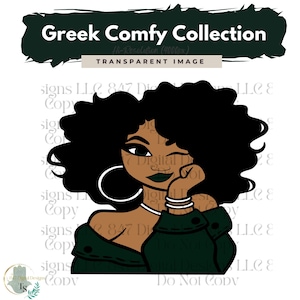 Könnte beinhalten: Eine digitale Illustration einer schwarzen Frau mit dunklen, lockigen Haaren, die eine grüne Jacke trägt und zwinkert. Sie trägt große Creolen und mehrere Armbänder am Handgelenk.