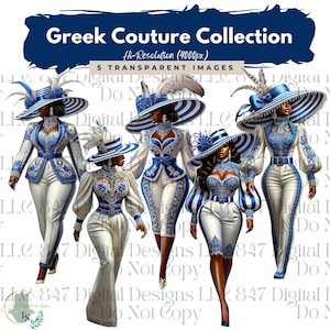 May include: Five digital illustrations of women wearing white and blue outfits with large hats. The women are all wearing different styles of hats, but they all have a similar blue and white colour scheme. The women are all standing in a row, and they are all looking at the camera.