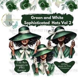 May include: Digital illustration of two women wearing green and white hats. The women are wearing green dresses and have dark skin. The text "Green and White Sophisticated Hats Vol 2" is at the top of the image.