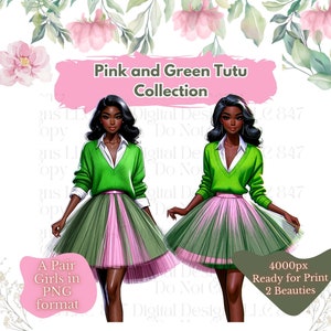 2 PNG Women Wearing Pink and Green Tutus | Black Girl Clipart Bundle | Sorority Women PNG | Black Women Clipart | Black Wall Art | Digital