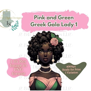 1 PNG Woman Wearing Pink and Green Dress | Black Girl Clipart Bundle | Sorority Women PNG | Black Women Clipart | Black Wall Art | Digital