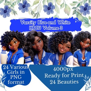 24 PNG Chibi Dolls Wearing Blue & White Varsity Jackets Vol 3 | HBCU PNG | Black Girl Clipart Bundle | College Girl Clipart | Student Clipar