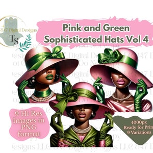 9 PNG Women Wearing Pink and Green Hats | Black Girl Clipart Bundle | Sorority Women PNG | Black Women Clipart | Black Wall Art | Digital