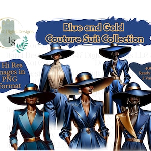 5 PNG Frauen in Blau und Gold Anzügen | Gesichtslose Frauen Clipart Bundle | Schwesternschaft Frauen | Schwarzes Mädchen Clipart | SGRho Clipart | Digital