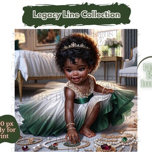 Op de afbeelding: Een jong meisje met donkerbruin krullend haar draagt een witte en groene prinsessenjurk en een kroon. Ze speelt met een verscheidenheid aan gouden en parelkettingen op een witte vloer.