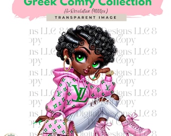 Cute Girl Clipart | Green Pink Glamor | Illustration Girl Graphics | Sorority Sisters Women | Black Women Clipart | PNG Sublimation Design