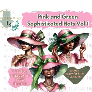 7 PNG Women Wearing Pink and Green Hats | Black Girl Clipart Bundle | Sorority Women PNG | Black Women Clipart | Black Wall Art | Digital