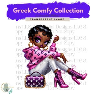 Può includere: Un'illustrazione di un cartone animato di una ragazza con abiti rosa e viola, capelli neri e occhi grandi. È seduta con le gambe incrociate e tiene una borsa viola con un motivo bianco e nero. Lo sfondo è bianco.