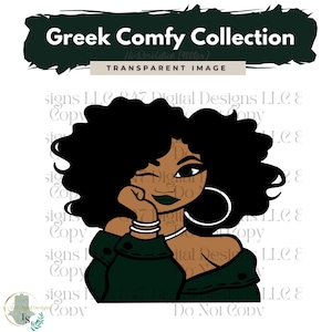 May include: A digital illustration of a woman with dark skin and curly black hair. She is wearing a green jacket and has a winking expression. The background is white.