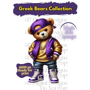 Oso de peluche griego / Oso de peluche HipHop PNG / Oso morado y dorado / Oso urbano / Oso de diseño de dibujos animados / Fraternidad Omega Que 1911 / The Bruhz