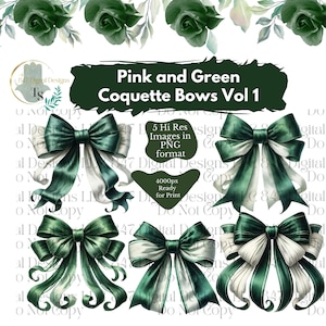 Op de afbeelding: Vijf digitale illustraties van groene en witte strikken. De strikken zijn in verschillende stijlen en zijn perfect om een ​​toets van elegantie toe te voegen aan elk project. De tekst "Pink and Green Coquette Bows Vol 1" staat bovenaan de afbeelding. De tekst "5 Hi Res Images in PNG format" staat in het midden van de afbeelding. De tekst "4000px Ready for Print" staat onder de tekst in het midden.