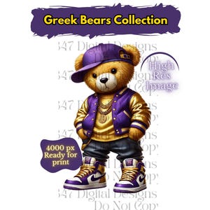 Oso de peluche griego / Oso de peluche HipHop PNG / Oso morado y dorado / Oso urbano / Oso de diseño de dibujos animados / Fraternidad Omega Que 1911 / The Bruhz