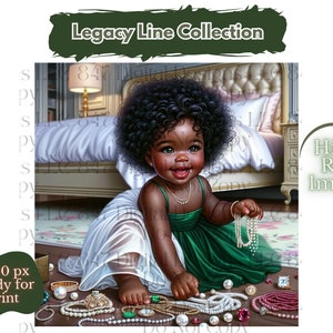 Könnte beinhalten: Ein junges Mädchen mit dunkelbrauner Haut und lockigem schwarzem Haar sitzt auf einem Teppich in einem Schlafzimmer. Sie trägt ein grünes Kleid und einen weißen Rock. Sie spielt mit einer Vielzahl von Perlenketten und anderem Schmuck. Das Schlafzimmer hat ein weißes Bett mit einem rosafarbenen Kopfteil und einen weißen Nachttisch mit einer Lampe.