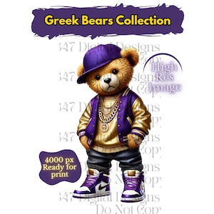Oso de peluche griego / Oso de peluche HipHop PNG / Oso morado y dorado / Oso urbano / Oso de diseño de dibujos animados / Fraternidad Omega Que 1911 / The Bruhz