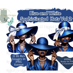 11 PNG Women Wearing Blue and White Hats | Black Girl Clipart Bundle | Sorority Women PNG | Black Women Clipart | Black Wall Art | Digital
