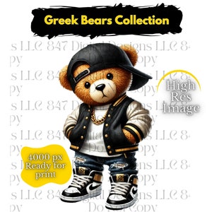 Puede incluir: Un oso de peluche marrón que lleva una chaqueta de cuero negra con detalles dorados, una cadena de oro, pantalones vaqueros azules y zapatillas negras y blancas. El oso lleva una gorra de béisbol negra. La imagen tiene el texto "Greek Bears Collection" y "High Res Image" en amarillo.