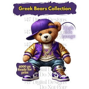 Oso de peluche griego / Oso de peluche HipHop PNG / Oso morado y dorado / Oso urbano / Oso de diseño de dibujos animados / Fraternidad Omega Que 1911 / The Bruhz