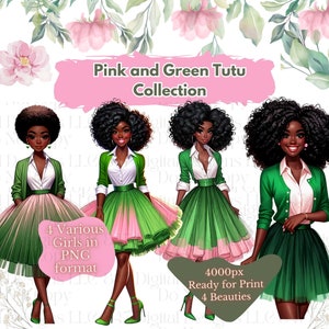 4 PNG Women Wearing Pink and Green Tutus | Black Girl Clipart Bundle | Sorority Women PNG | Black Women Clipart | Black Wall Art | Digital