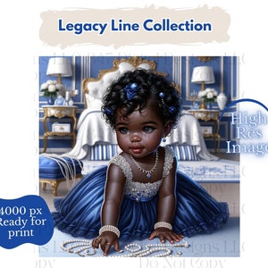 1 PNG Art Printable | Nursery Printable PNG | Baby Girl Wearing Blue and White | African American Baby PNG | Black Girl Art | Black Wall Art