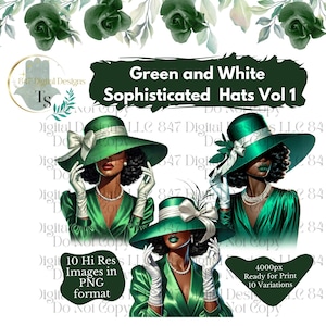 May include: Three digital illustrations of women wearing green and white hats. The women are wearing green dresses and have pearl necklaces. The text "Green and White Sophisticated Hats Vol 1" is at the top of the image.