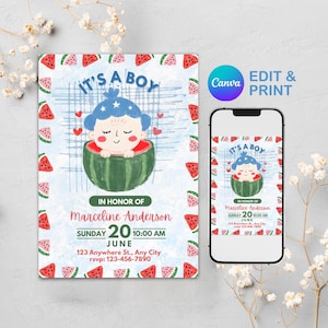 C'est une invitation pour baby shower garçon | Faire-part pour bébé sur le thème de la cuisine d'été | Personnalisable baby shower pour garçons | Shower de bébé sur le thème de la nourriture