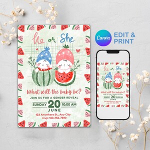 Invitation pastèque pour baby shower | Modèle d'invitation à révéler son sexe | Invitation fête d'anniversaire d'été pour bébé sur le thème des aliments éditables Canva