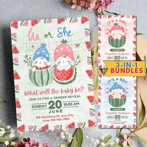 Invitación de sandía para baby shower / Plantilla de invitación para revelar el género de él o ella / Invitación editable de Canva para fiesta de verano con temática de comida