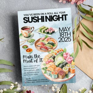 Uitnodiging personeelsfeest sushi en broodjes | Bewerkbare uitnodiging voor kantoorfeestsushi | Uitnodiging teamwaardering | Feestuitnodiging voor evenementenkantoor