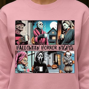 Spooky Coffee Crew Hoodie | Funny Halloween Horror Nights Shirt | All Ages Cozy Fall Sweatshirt | Creepy Icons Drinking Tea Tee
