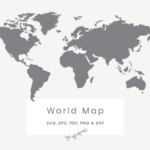 May include: A gray world map illustration with the text "World Map" and "SVG, EPS, PDF, PNG & DXF" below the map.