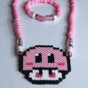 Kawaii Pink Mushroom Character Necklace & Bracelet Set || Rave accessories, Perler beads, Kandi