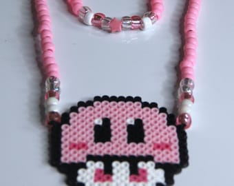Conjunto de colar e pulseira com personagem cogumelo rosa kawaii || Acessórios Rave, contas Perler, Kandi