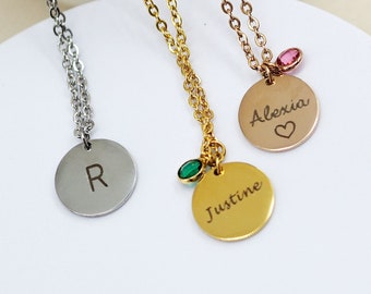 Personalized Stainless Steel Birthstone Necklace - Customized in 12 Colors, Engravable Necklace