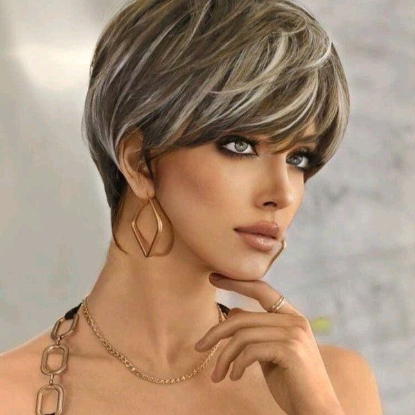 Brown and ash blonde/grey short tapered adjustable wig.