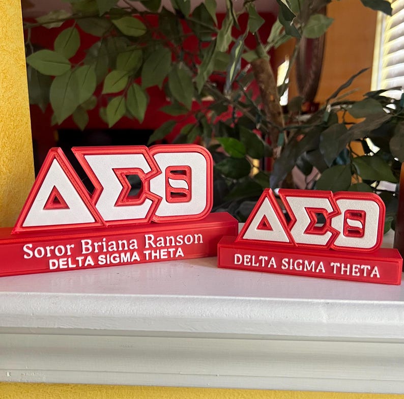 Może przedstawiać: Dwie czerwono-białe tabliczki sororities Delta Sigma Theta. Większa tabliczka ma napis "Soror Briana Ranson DELTA SIGMA THETA" na podstawie.