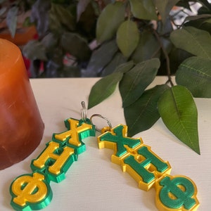 Puede incluir: Dos llaveros dorados y verdes con las letras "EX" y "HX" en una fuente en negrita en 3D. Los llaveros están unidos a llaveros plateados.
