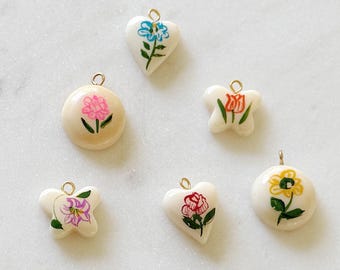 Hand Painted Charms, Hand Painted Charm for Necklace, Vintage Floral Painted Charm, Colorful Flower Vintage Charm, Jewelry Making Supply