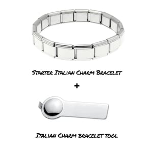 May include: A silver-toned Italian charm bracelet with white rectangular links. Below the bracelet is an Italian charm bracelet tool. The text on the image reads "STARTER ITALIAN CHARM BRACELET" and "ITALIAN CHARM BRACELET TOOL".