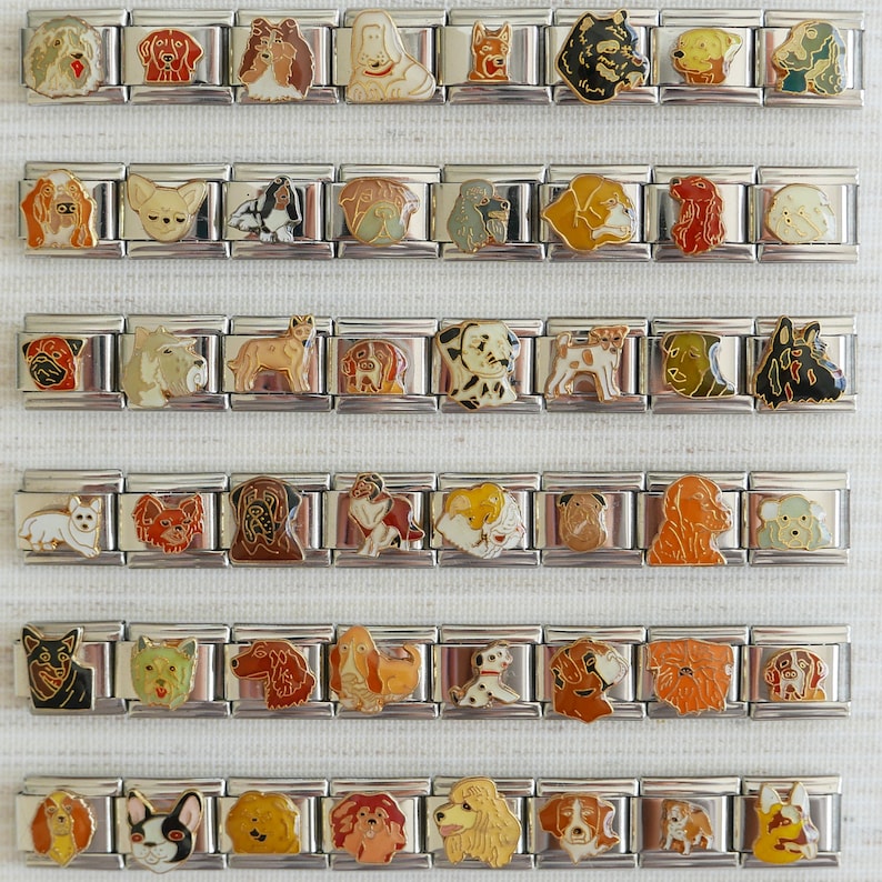 Puede incluir: Un conjunto de 40 abalorios de esmalte de colores que representan diferentes razas de perros. Cada abalorio est&aacute; unido a un eslab&oacute;n de metal plateado. Los abalorios est&aacute;n dispuestos en filas sobre un fondo blanco.