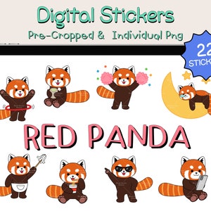 Libro de pegatinas digitales Kawaii Red Panda para Goodnotes, archivos PNG de pegatinas digitales, Goodnotes de pegatinas digitales, pegatinas de planificador digital