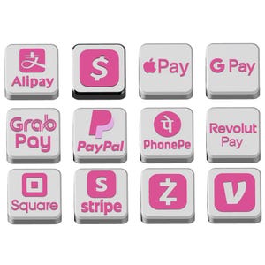 Puede incluir: Una colección de doce iconos cuadrados de métodos de pago. Cada icono presenta un fondo blanco con un logotipo y texto en rosa. Los logotipos incluyen Alipay, PayPal y Stripe, que representan varias plataformas de pago digital.